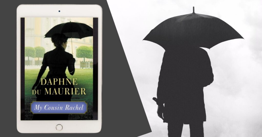 Silhouette of a women with an umbrella alongside an eReader displaying the cover of My Cousin Rachel