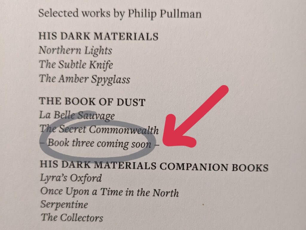 Selected Works Page by Philip Pullman with a circle highlighting "Book Three Coming Soon" under The Book of Dust.