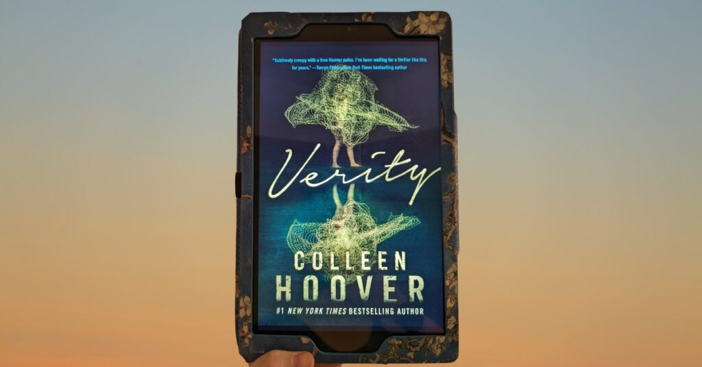 eReader displaying the cover of Verity with a blue/gold background