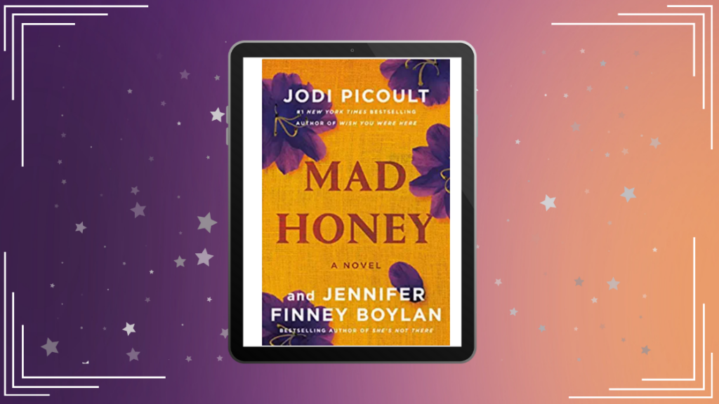 A background slowly fading from purple to orange with silver stars. In the middle of the background is an eReader with the cover of Mad Honey displayed