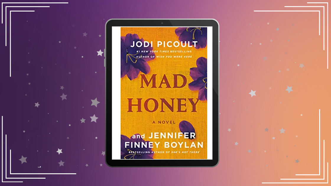 A background slowly fading from purple to orange with silver stars. In the middle of the background is an eReader with the cover of Mad Honey displayed