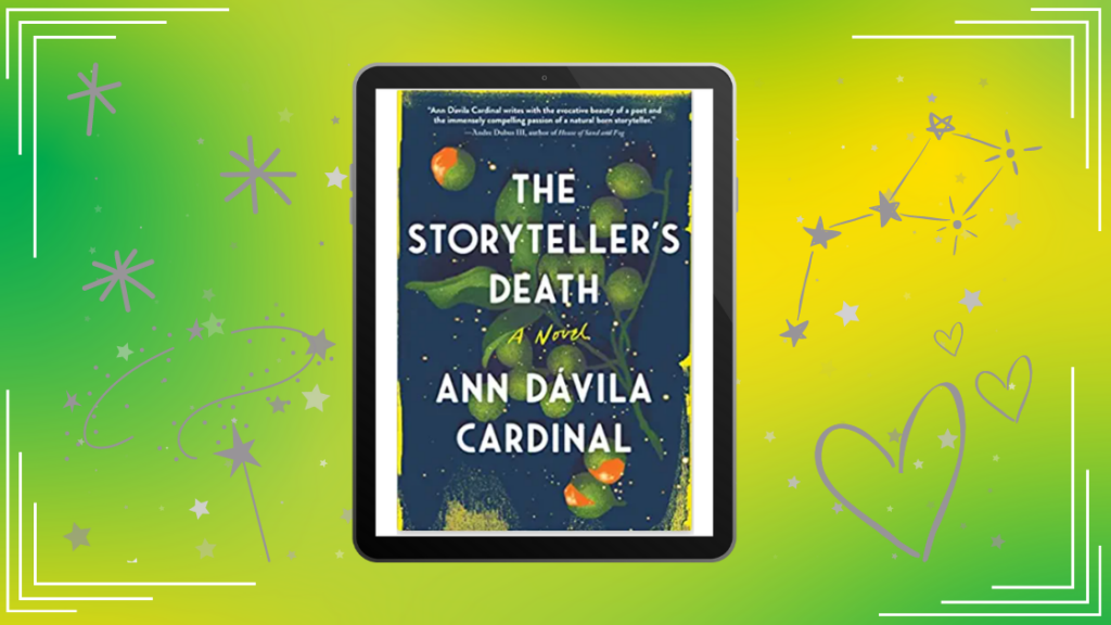 A green and yellow background with an eReader displaying the cover of The Storyteller's Death