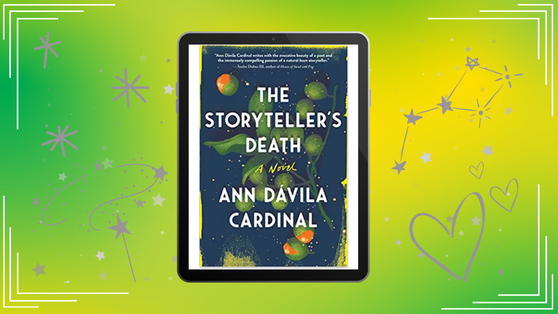 A green and yellow background with an eReader displaying the cover of The Storyteller's Death